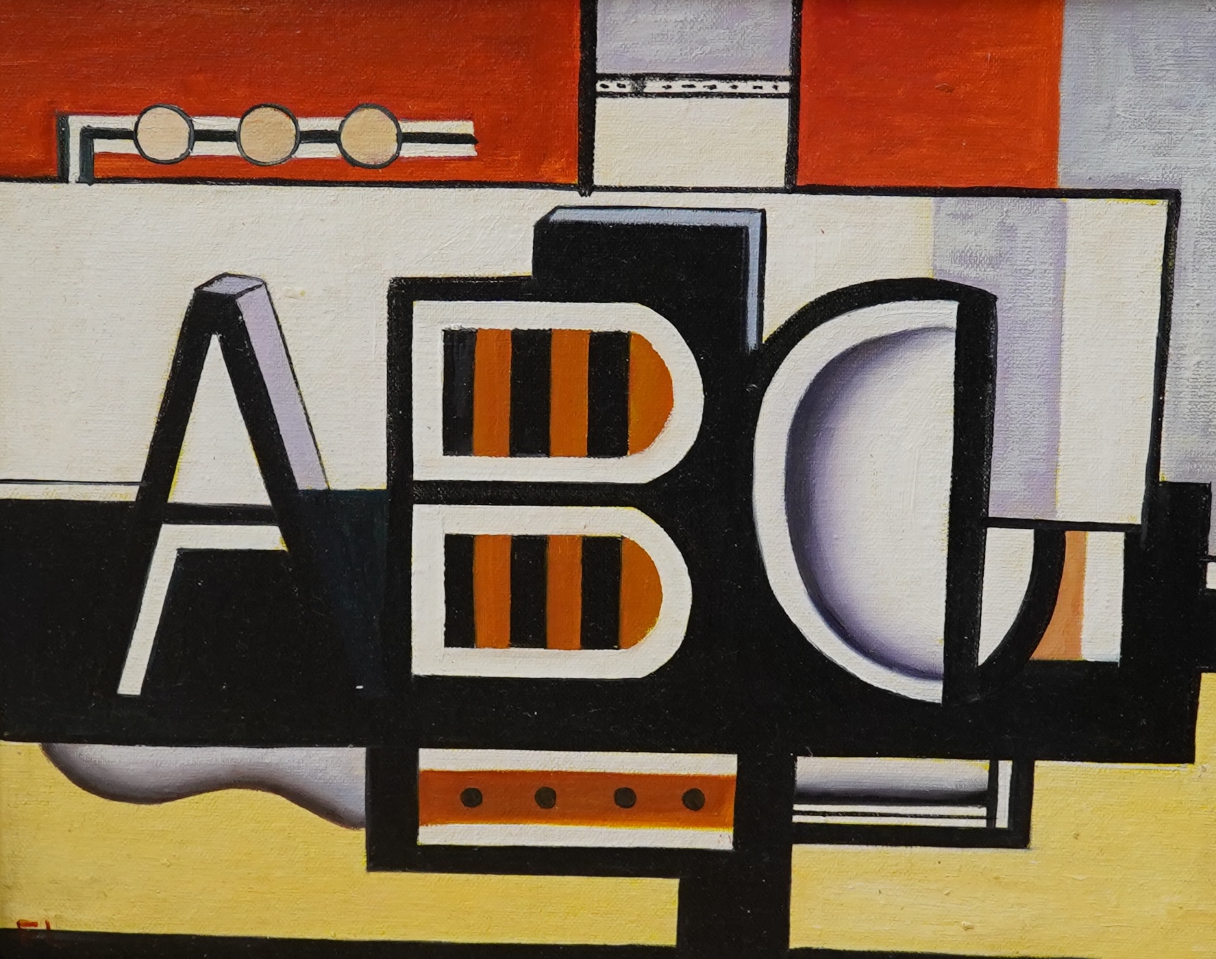 Manner of Léger, a decorative oil on board, ‘ABC’, 27 x 33cm. Condition - good, losses to the frame